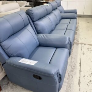 EX DISPLAY JAMIESON 3 SEATER COUCH AND 2 ARM CHAIRS MANUAL RECLINERS THICK BLUE LEATHER UPHOLSTERY SOLD AS IS