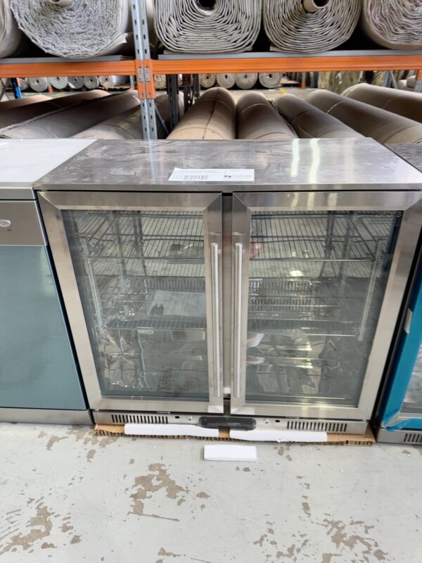 EX DISPLAY EURO EA900WFSX2 900MM DOUBLE GLASS DOOR BEVERAGE FRIDGE WITH 3 MONTH WARRANTY - DENTED REAR SOLD AS IS