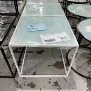 EX HIRE - WHITE SQUARE METAL SIDE 
TABLE WITH GLASS TOP, SOLD AS IS