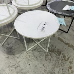 EX HIRE - EX HIRE WHITE ROUND SIDE TABLE 
SOLD AS IS