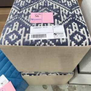 EX STAGING FURNITURE - BEIGE & NAVY OTTOMAN 
SOLD AS IS
