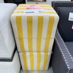 EX STAGING FURNITURE -STRIPED YELLOW OTTOMAN, SOLD AS IS