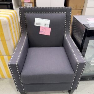 EX STAGING FURNITURE - GREY ARMCHAIR WITH STUD DETAIL, SOLD AS IS