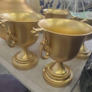 EX HIRE, GOLD VASE WITH HANDLES, SOLD AS IS