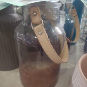 EX HIRE, GLASS JAR WITH LEATHER HANDLE, SOLD AS IS