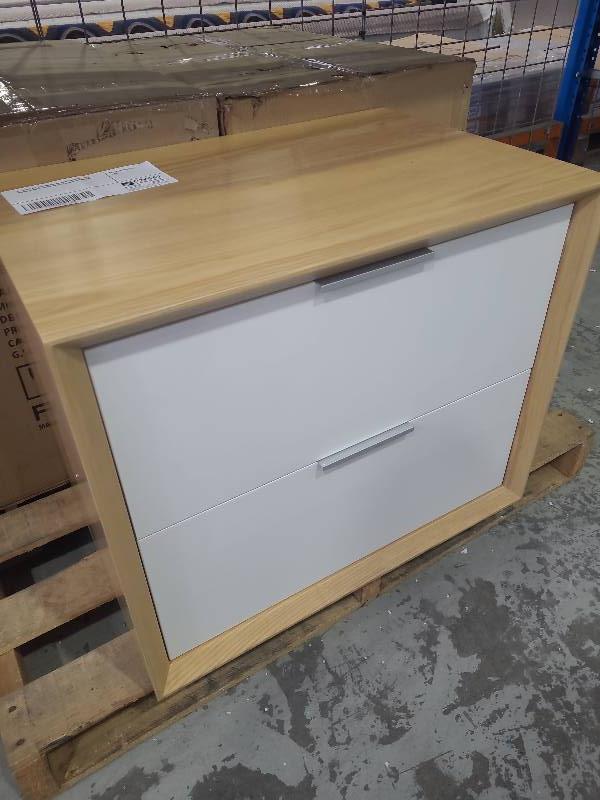 EX DISPLAY 700MM SOLID ASH TIMBER WALL HUNG VANITY WITH WHITE DOORS, HAMILTON
