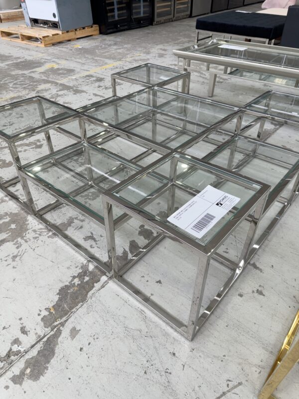 NEW CHROME AND GLASS DESIGNER COFFEE TABLE DISPLAY 1200MM X 1200MM RRP$1599 AU1142