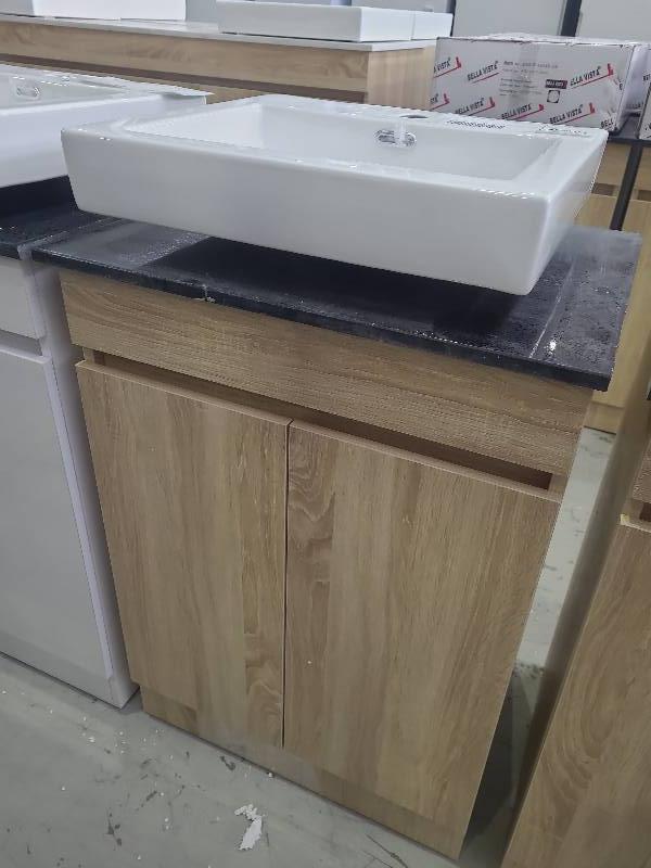 600MM LIGHT TIMBER LAMINATE VANITY WITH BLACK STONE TOP AND ABOVE COUNTER BOWL, BN600MM RRP$900
