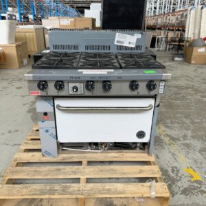 GOLDSTEIN COMMERCIAL PF628, 6 GAS BURNER GAS FREESTANDING OVEN, STATIC GAS OVEN, ALL WELDED FRAME, HEAVY DUTY CAST IRON TRIVETS, PILOTS TO OPEN BURNERS, FLAME FAILURE, AUSTRALIAN MADE, 12 MONTH WARRANTY, RRP$9899