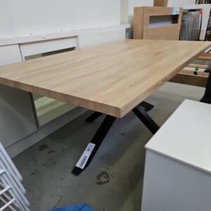 EX STAGING FURNITURE, TIMBER LAMINATE DINING TABLE WITH BLACK LEGS, SOLD AS IS