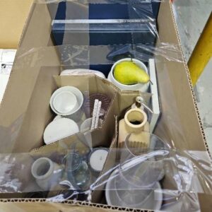 EX STAGING FURNITURE, BOX OF ASSORTED DECORATOR ITEMS, SOLD AS IS