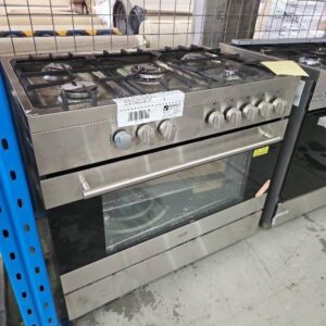 NEW EURO EV900DPSX 900MM DUAL FUEL FREESTANDING OVEN, WITH 5 GAS BURNER COOKTOP WITH CENTRAL WOK, WITH ELECTRIC MULTIFUNCTION OVEN, 8 COOKING FUNCTIONS, TRIPLE GLAZED DOOR, CLOSED DOOR GRILLING, WITH ROTISSERIE & LOWER STORAGE COMPARTMENT, 2 YEAR WARRANTY