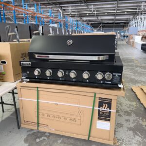 NEW BLACK EURO 1200MM BUILT IN BBQ EAL1200RBQBL 6 BURNER WITH BLUE LED ROUND KNOBS CERAMIC INFRARED REAR BURNER WITH ROTISSERIE PUSH IGNITION BRAND NEW IN BOX 3 YEAR WARRANTY