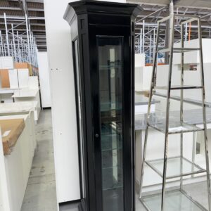 SECONDHAND TALL BLACK DISPLAY CABINET, SOLD AS IS