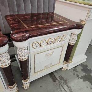 NEW ORNATE WHITE BEDSIDE TABLE WITH BURGUNDY STONE TOP