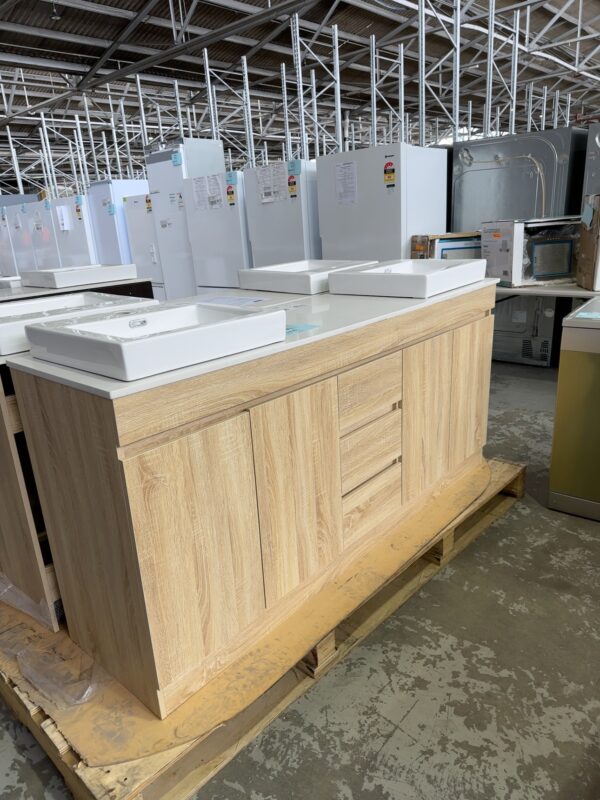 1800MM LIGHT TIMBER LAMINATE DOUBLE VANITY WITH WHITE STONE TOP AND ABOVE COUNTER BOWLS, BN1800MM RRP$1700
