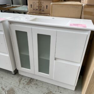 NEW SLIMLINE 900MM VANITY WITH GLASS DOORS AND TWO DRAWERS SK32-900G