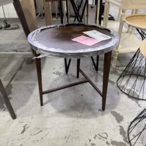 EX HIRE ROUND TIMBER SIDE TABLE, SOLD AS IS