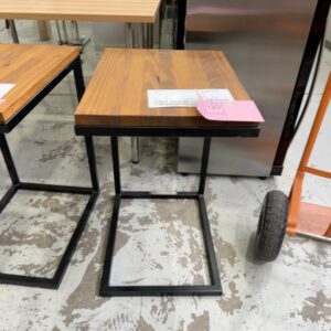 EX HIRE TIMBER &METAL SIDE TABLE, SOLD AS IS