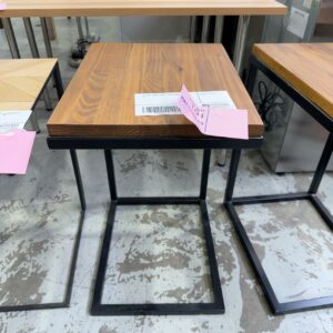 EX HIRE TIMBER &METAL SIDE TABLE, SOLD AS IS