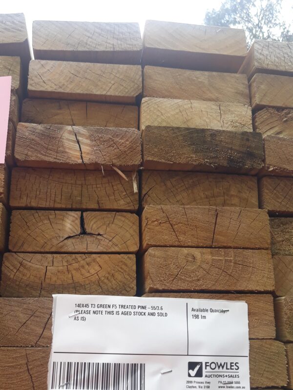 140X45 T3 GREEN F5 TREATED PINE-55/3.6 (PLEASE NOTE THIS IS AGED STOCK AND SOLD AS IS)