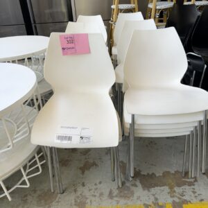 EX HIRE, WHITE ACRYLIC STACKABLE DINING CHAIR WITH CHROME FRAME, SOLD AS IS