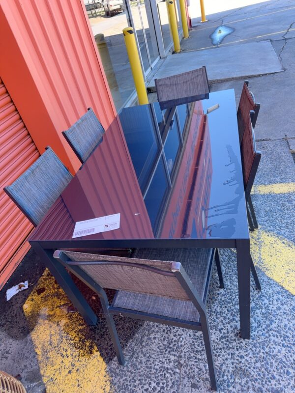 EX HIRE SMALL OUTDOOR DINING TABLE WITH CHAIRS, GLASS TOP TABLE, SOLD AS IS