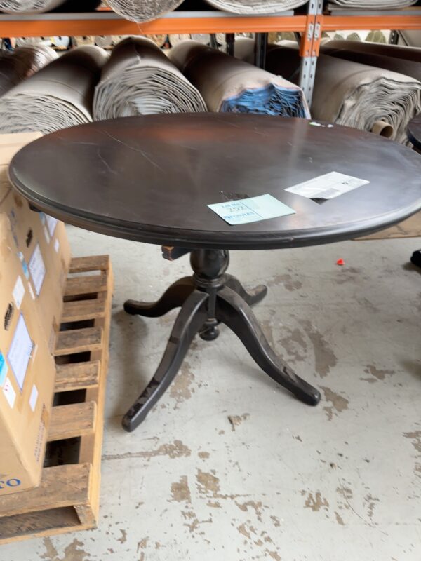 EX HIRE, ROUND DARK TIMBER DINING TABLE, SOLD AS IS