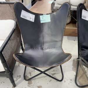 EX HIRE REPLICA BLACK LEATHER BUTTERFLY CHAIR WITH CONTRAST STITCHING, SOLD AS IS