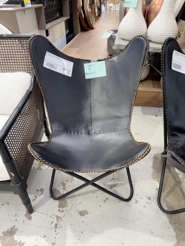 EX HIRE REPLICA BLACK LEATHER BUTTERFLY CHAIR WITH CONTRAST STITCHING, SOLD AS IS