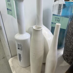 EX HIRE LOT OF 4 WHITE ASSORTED VASES, SOLD AS IS