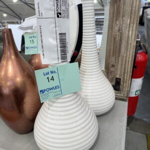 EX HIRE TALL WHITE RIBBED VASE SOLD AS IS