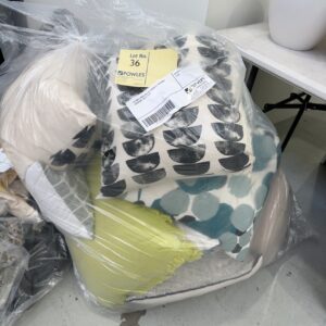 EX HIRE LARGE BAG OF ASSORTED DESIGNER CUSHIONS, SOLD AS IS