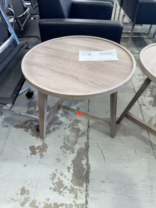 EX HIRE LIGHT GREY/BROWN ROUND SIDE TABLE, SOLD AS IS