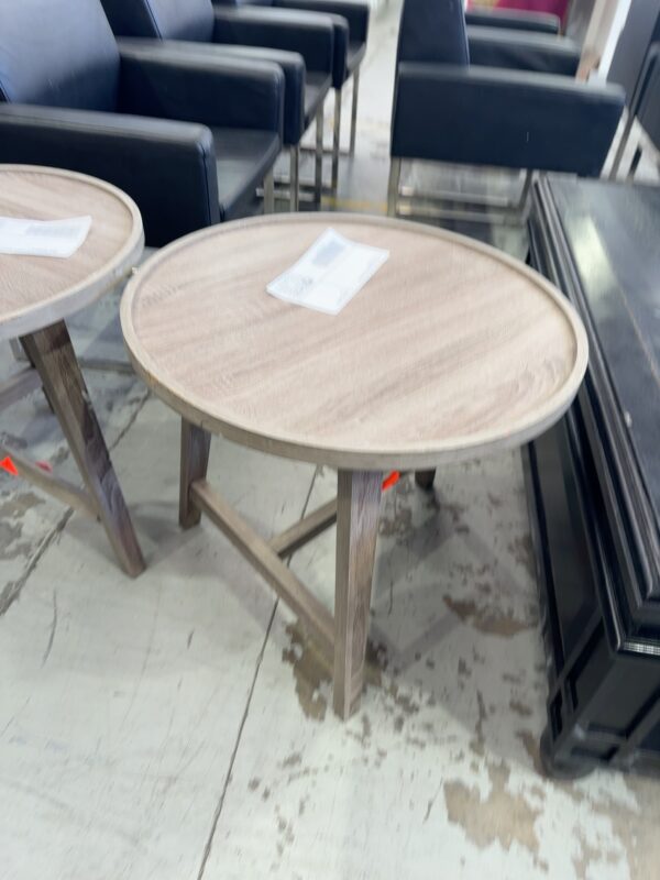 EX HIRE LIGHT GREY/BROWN ROUND SIDE TABLE, SOLD AS IS