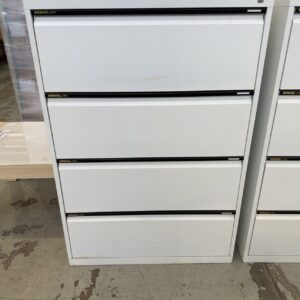 EX HIRE LARGE WHITE METAL 4 DRAWER FILING CABINET, NO KEYS, SOLD AS IS