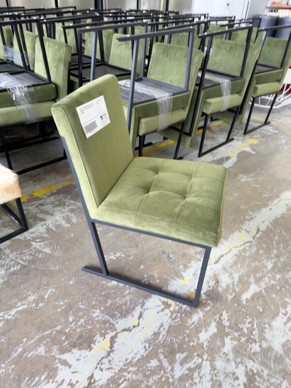 EX HIRE OLIVE GREEN VELVET UPHOLSTERED DINING CHAIR WITH BLACK SLED BASE LEGS,  SOLD AS IS