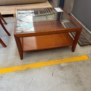 SECONDHAND - SOLID TIMBER COFFEE TABLE WITH GLASS TOP, SOLD AS IS
