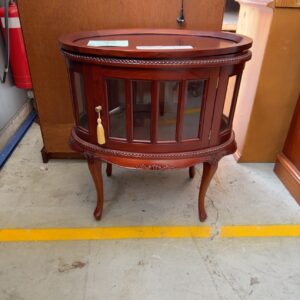 SECONDHAND - ANTIQUE STYLE SOLID TIMBER GLASS DRINKS CABINET WITH REMOVEABLE TRAY TOP, SOLD AS IS