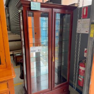 SECONDHAND - ANTIQUE STYLE SOLID TIMBER GLASS DISPLAY CABINET WITH KEY AND GLASS SHELVES, SOLD AS IS