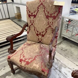 NEW REPRODUCTION FRENCH ANTIQUE FORMAL ARM CHAIRS, WITH CARVED ARMS, RED BROCADE FABRIC, SOLD AS IS