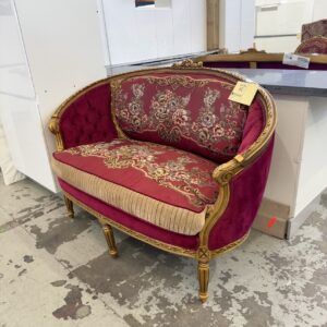 NEW REPRODUCTION FRENCH ANTIQUE RUBY AND GOLD ORNATE FABRIC 2 SEATER COUCH, SOLD AS IS