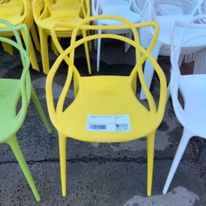 EX HIRE, YELLOW ACRYLIC STACKABLE CHAIR, SOLD AS IS