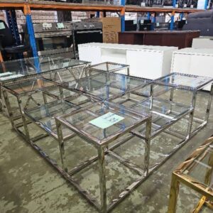 NEW LARGE CHROME & GLASS DESIGNER COFFEE TABLE 1200MM X 1200MM RRP$1599 AU1142