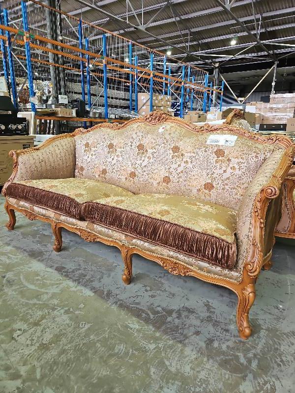 NEW REPRODUCTION FRENCH ANTIQUE ORNATE BROWN BROCADE FABRIC 3 SEATER FORMAL LOUNGE, CARVED TIMBER FRAME,