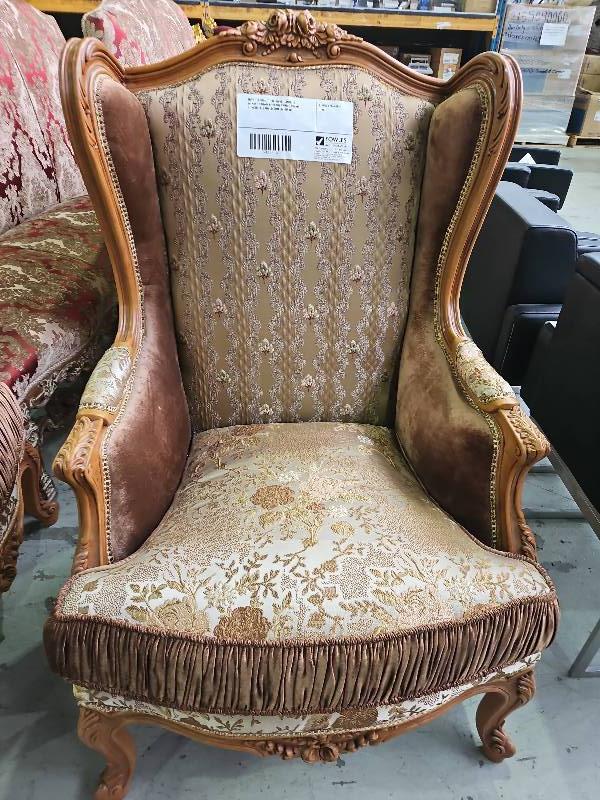 NEW REPRODUCTION FRENCH ANTIQUE ORNATE BROWN BROCADE FABRIC FORMAL ARMCHAIR, CARVED TIMBER FRAME