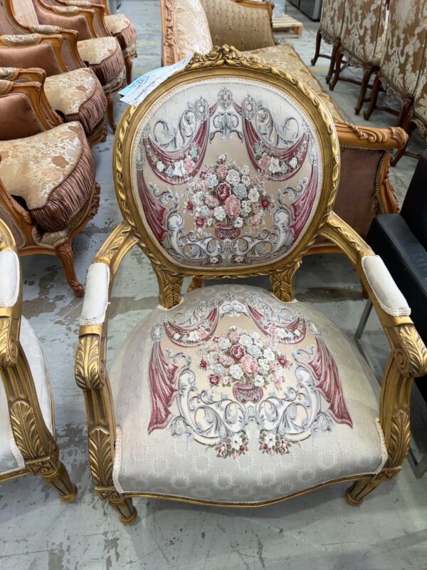 NEW REPRODUCTION FRENCH ANTIQUE STYLE GOLD & BEIGE FORMAL ARMCHAIR