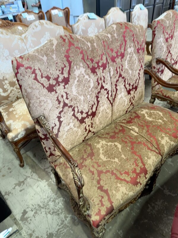 NEW REPRODUCTION FRENCH ANTIQUE ORNATE BROWN BROCADE FABRIC 2 SEATER FORMAL LOUNGE, CARVED TIMBER FRAME,