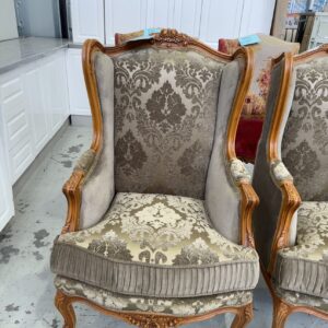 NEW REPRODUCTION FRENCH ANTIQUE STYLE EMBROIDERED OLIVE & TIMBER FORMAL ARM CHAIR