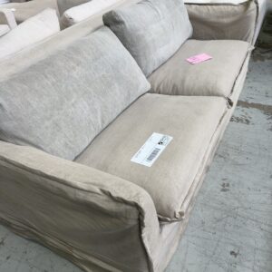 EX STAGING FURNITURE - LINEN 3 SEATER COUCH, SOLD AS IS